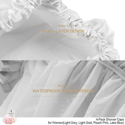 Shower Cap for Women Reusable Extra Large Shower Caps for Men Satin Double Layer EVA Waterproof Long Hair Caps(Light Grey, Light Gold, Peach Pink, Lake Blue 4 Pack)