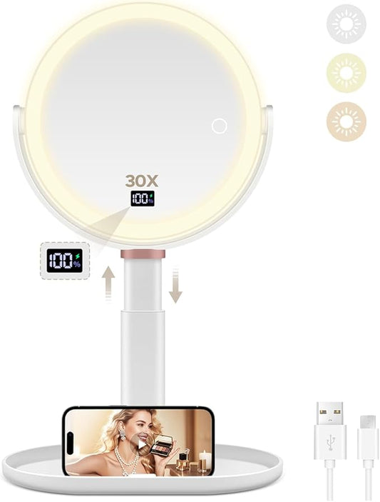 MIYADIVA Makeup Mirror with Lights, 30X/1X Magnifying Mirror with Digital Display, Height Adjustable Desk Mirror, Detachable for Travel, Vanity Mirror with Phone Holders and Tweezers, Gifts for Women