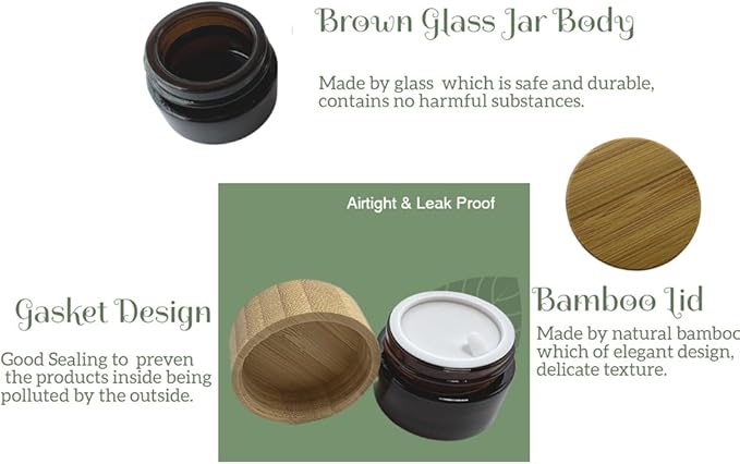 Empty Refillable Frosted Glass Cosmetic Jar 4 Pack 15g/0.5oz with Bamboo Lids,Skin Care Travel Containers Pot Vial Holder Sample Storage for Eye Cream Lotion Ointments Lip Balm Brown