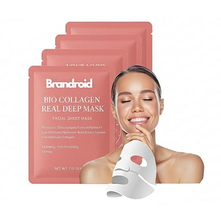 Brandroid Skin Clearing Collagen Face Mask - Deep Cleaing Facial Mask for Wrinkles & Elasticity, Anti-Aging Korean Skincare, Pimple cleansing Sleeping Mask with Hyaluronic Acid & Peptides, 4-Pack