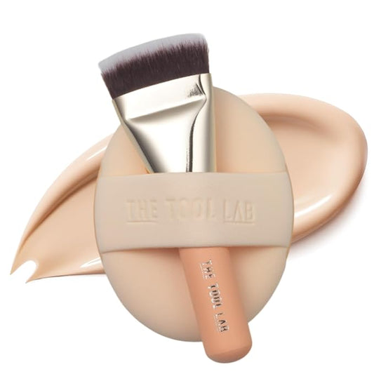 THE TOOL LAB All Day Cover Duo - Premium Base Makeup Set for Liquid Cream Powder Foundation, Buffing Blending Face Brush, Sponge, Portable Case - 1.1" Flat Top Brush