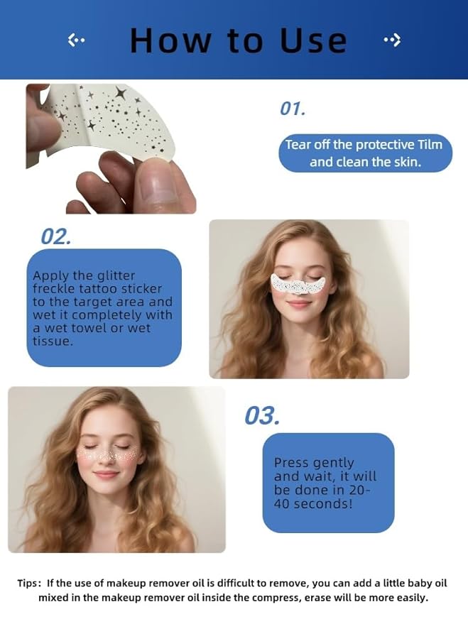 Glitter Freckles Temporary Face Tattoos, 6pcs Makeup Patches, Rose Gold, Silver and Gold Glitter Freckles Face Tattoo (A-love)