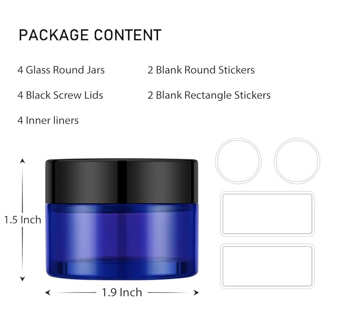 4 Pack 1oz Cosmetic Glass Jars with Lids, Blue Glass Jars with Lids & Stickers, Reusable Empty Round makeup container for Creams, Lotion, Makeup