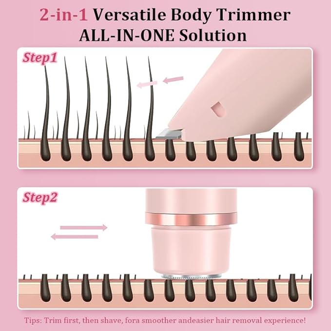 Bikini Trimmer for Women, Electric Shaver and Razor Rechargeable 2-in-1 Body and Facial Epilator, Dual Heads for Painless Trimming of Pubic Hair, Face, Underarms and Legs, Summer Gift