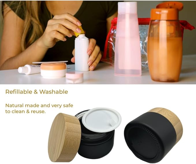 Empty Refillable Matt Black Glass Cosmetic Cream Jar 4 Pack 1.6 OZ/50g with Bamboo Lids,Skin Care Travel Frost Containers Pot for Clay Masks,Butter,Body Scrub,Lip Balm, Ointments, Lotion