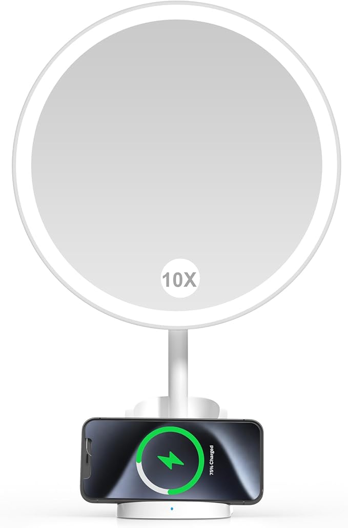 Yls Rechargeable Lighted Makeup Mirror with 1x/10x Detachable Magnification, Vanity Mirror with 3 Color Adjustable Lighting,Qi-Enabled Charging,and 360 °Rotating Design
