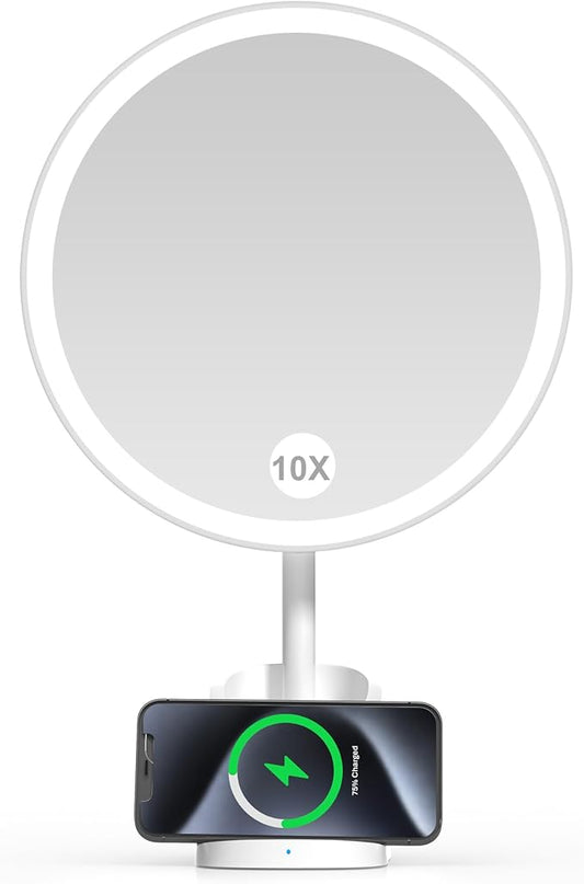 Yls Rechargeable Lighted Makeup Mirror with 1x/10x Detachable Magnification, Vanity Mirror with 3 Color Adjustable Lighting,Qi-Enabled Charging,and 360 °Rotating Design