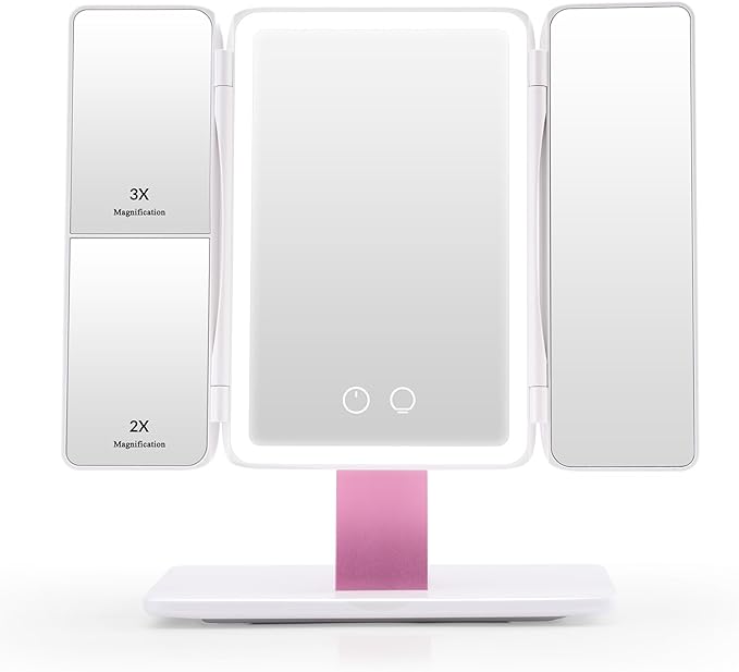 EASEHOLD Foldable Tri-Fold Lighted Makeup Vanity Mirror with 60 LED Lights, 1X/2X/3X Magnification, Touch Control Dimming, 3000mah Rechargeable, 360° Rotation, Portable Travel Folding Compact Mirror