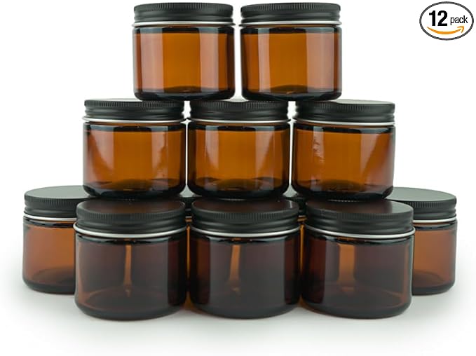 Glass Amber 2oz Jar - 12 Packs, Empty Round Jars For Beauty Products, Lotion, and Powders - Black Lid - Small Candle Jars