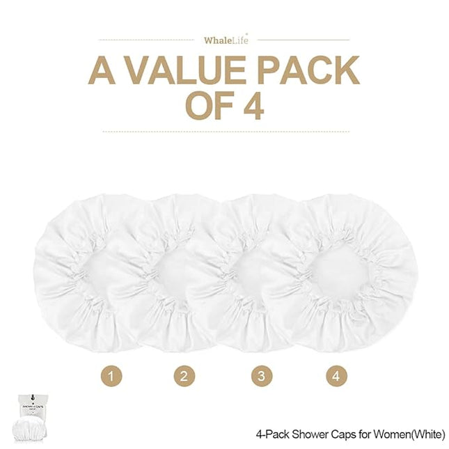 Shower Cap for Women Reusable Extra Large Shower Cap for Men (White 4 Pack Large) Satin Double Layer EVA Waterproof Long Hair Cap