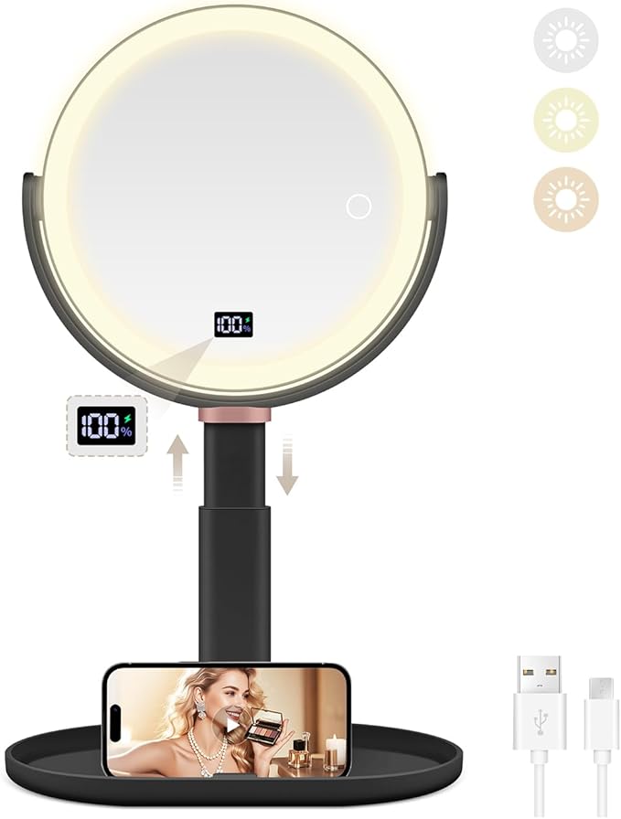 MIYADIVA Makeup Mirror with Lights, 30X/1X Magnifying Mirror with Digital Display, Height Adjustable Desk Mirror, Detachable for Travel, Vanity Mirror with Phone Holders and Tweezers, Black