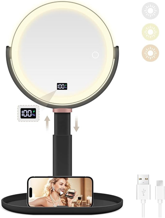 MIYADIVA Makeup Mirror with Lights, 30X/1X Magnifying Mirror with Digital Display, Height Adjustable Desk Mirror, Detachable for Travel, Vanity Mirror with Phone Holders and Tweezers, Black