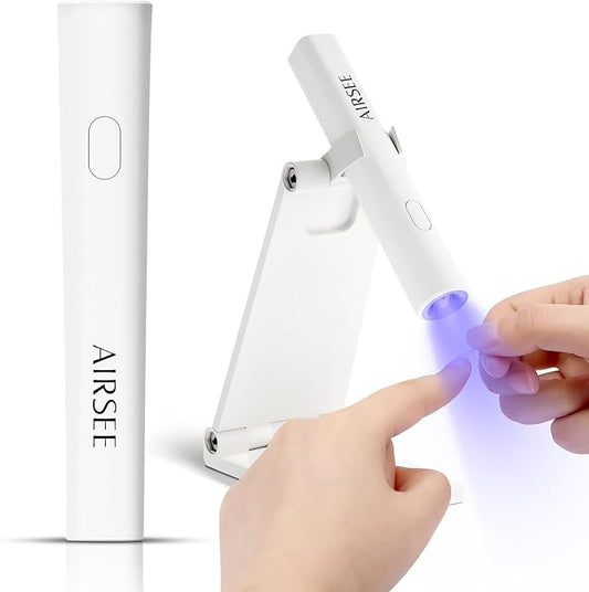 AIRSEE Mini Handheld UV Light for Gel Nails with Stand,Portable Rechargeable Nail Lamps,2 Timers for Fast Nail Extension,Rhinestone Glue Decoration,Gel Nail Strips at Home,Travel(White)