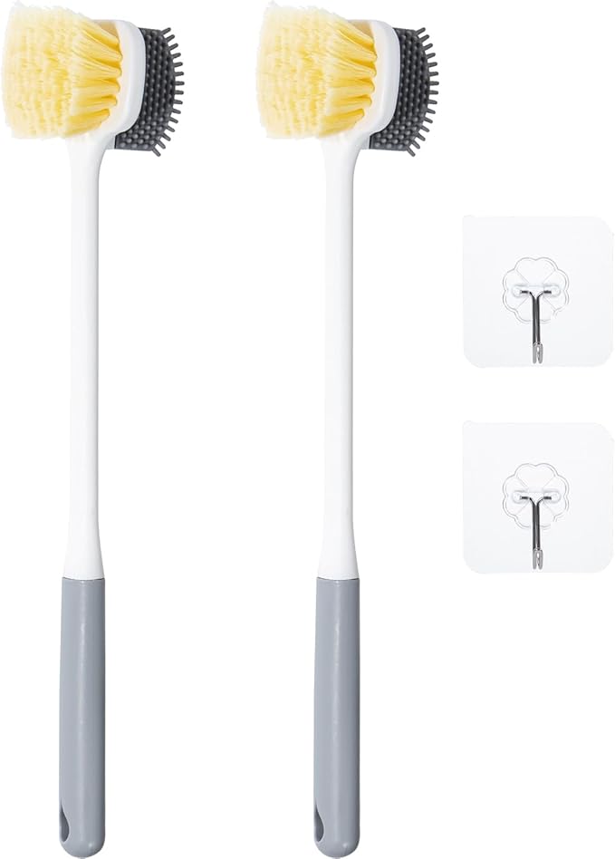 2 Pack Foot Scrubber Brush, Shower Foot Scrubber Long Handle for Toe Gap Cleaning, Double-Sided Silicone and Soft Bristle Scrub Brush for Skin Exfoliation, Seniors, Adults, Grey