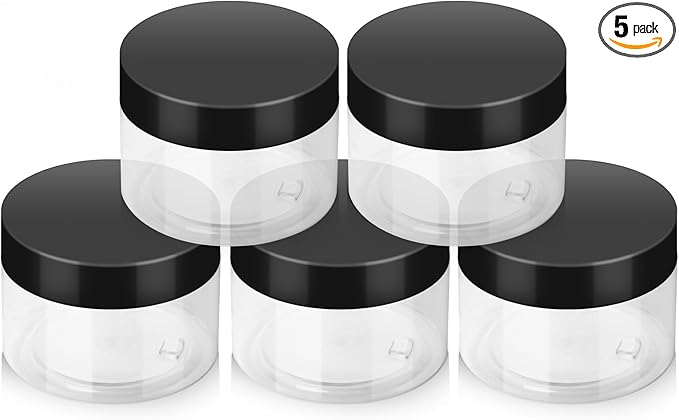 4 oz Plastic Jars Container with Lids, 5 Pack BPA Free Refillable Cosmetic Jars with Lids Clear Round Small Container for Lotion, Cream, Powders, Makeup, Slime, Honey Jam, Bath Salts, Black