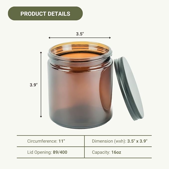 Glass Amber 16oz Jar - 12 Packs, Empty Round Jars For Beauty Products, Lotion, and Powders - Black Lid - Small Candle Jars