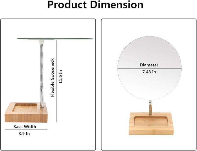 YEAKE Flexible Gooseneck Bamboo Vanity Makeup Mirror,360°Rotation 8" Large Frameless Vanity Mirror Folding Portable Table Desk Mirror with Stand Bathroom Shaving Make Up Mirrors Round