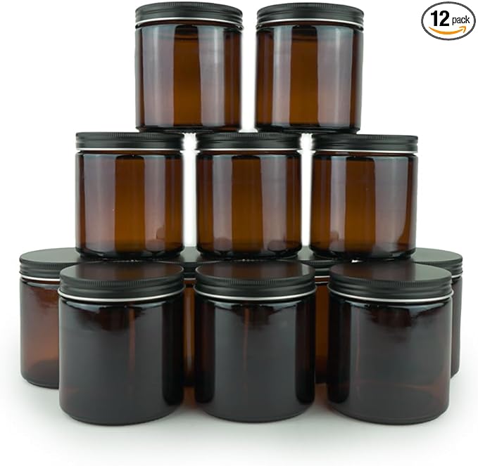 Glass Amber 16oz Jar - 12 Packs, Empty Round Jars For Beauty Products, Lotion, and Powders - Black Lid - Small Candle Jars