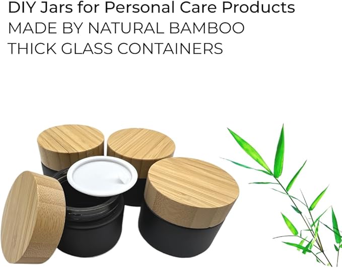Empty Refillable Matt Black Glass Cosmetic Cream Jar 4 Pack 1.6 OZ/50g with Bamboo Lids,Skin Care Travel Frost Containers Pot for Clay Masks,Butter,Body Scrub,Lip Balm, Ointments, Lotion