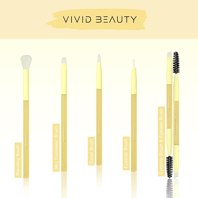 5pcs Yellow Eyes Make up Brush Set Soft Fiber & Rubber Handle Premium Small Brushes Kit, Includes Concealer, Blending, Eyeshadow, Dual-ended Brow and Lash Brushes ideal for Eye Makeup