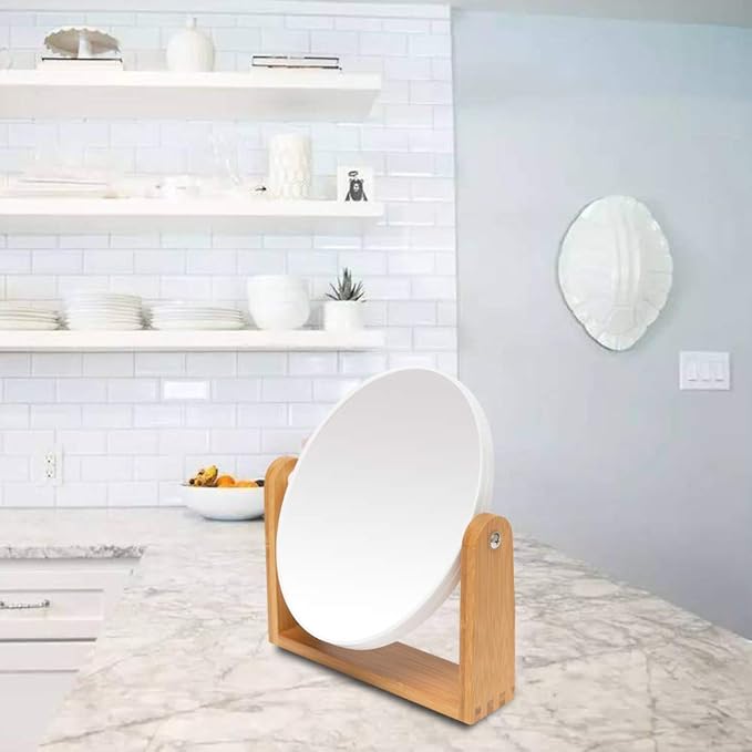 YEAKE Vanity Makeup Mirror with Natural Bamboo Stand, 8 Inch Double Sided 3X Magnification Swivel Mirror for Bathroom & Desk