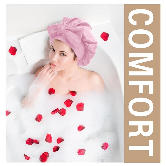 Silk Bonnet for Sleeping Women, Ajustable Hair Bonnet for Curly Hair with Tie Band Shower Caps Pink，Large