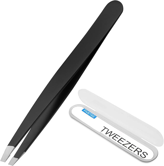 Stainless Steel Tweezers for Eyebrows-Slant Tweezer with Case for Women&Man,Great Precision on Brow,Facial Hair and Ingrown Hair Removal(Black)