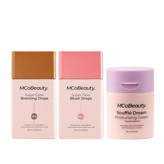 MCoBeauty Super Face Bundle, Super Glow Bronzing Drops, Super Glow Blush Drops, and the Souffle Cream Moisturizing Cream, Vegan, Cruelty Free Cosmetics, Pack of 3