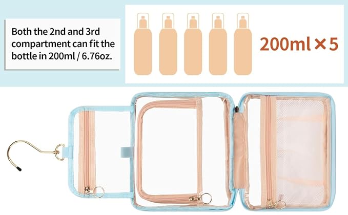 CUBETASTIC Hanging Travel Toiletry Bag, Clear Makeup Bag, Transparent 3 Comparment Small Travel Bag Cosmetic Organizer Case Portable Skincare Pouch with Handle (Blue, Small (Pack of 1))