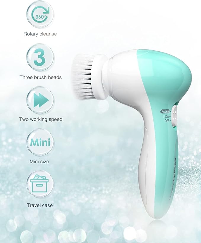 Electric Facial Cleansing Brush for Women, 3-in-1 Face Cleanser and Exfoliator Brush with 3 Brush Heads, 2 Speeds, Waterproof Spin Brush, Portable Travel Case (Green, Battery Operated)