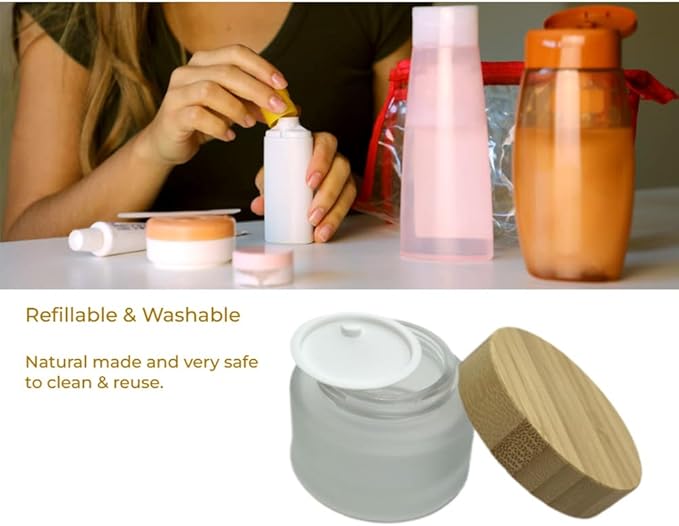 Empty Refillable Frosted Glass Cosmetic Cream Jar 4 Pack 6.7 OZ/200g with Bamboo Lids,Skin Care Travel Containers Pot for Clay Masks,Butter,Body Scrub,Lip Balm, Ointments, Lotion Frost