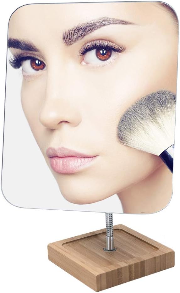 YEAKE Flexible Gooseneck Bamboo Vanity Makeup Mirror,360°Rotation 8" Large Frameless, Folding Portable Table Desk Mirror with Stand for Bathroom Shaving Make Up, Rectangle