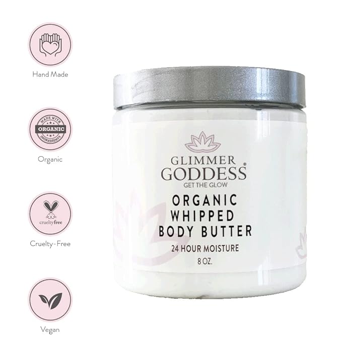 Glimmer Goddess Organic Whipped Body Butter for Women - Moisturizer Cream with Shea & Cocoa Butter, Almonds & Coconut Oil - Peach Belini, 8oz