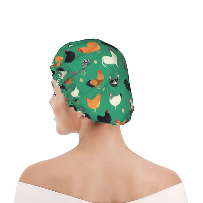 Funny Chickens Shower Cap For Women Reusable Waterproof Double Layers Bath Cap Hair Protection Elastic Ladies Spa Salon Shower Hat