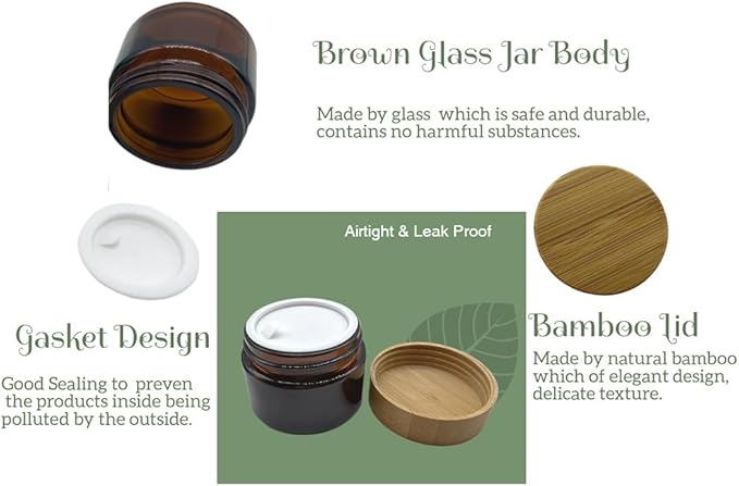 Empty Refillable Brown Glass Cosmetic Cream Jar 4 Pack 1.6 OZ/50g with Bamboo Lids,Skin Care Travel Containers Pot for Clay Masks,Butter,Body Scrub,Lip Balm, Ointments, Lotion