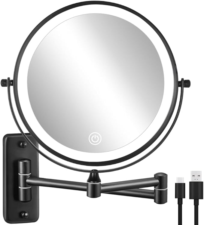DECLUTTR Rechargeable Wall Mounted Lighted Makeup Mirror, 8 inch 10X Magnifying Mirror with 3 Color Lights, Dimmable Touch Screen Makeup Mirror with Lights for Bathroom, Black