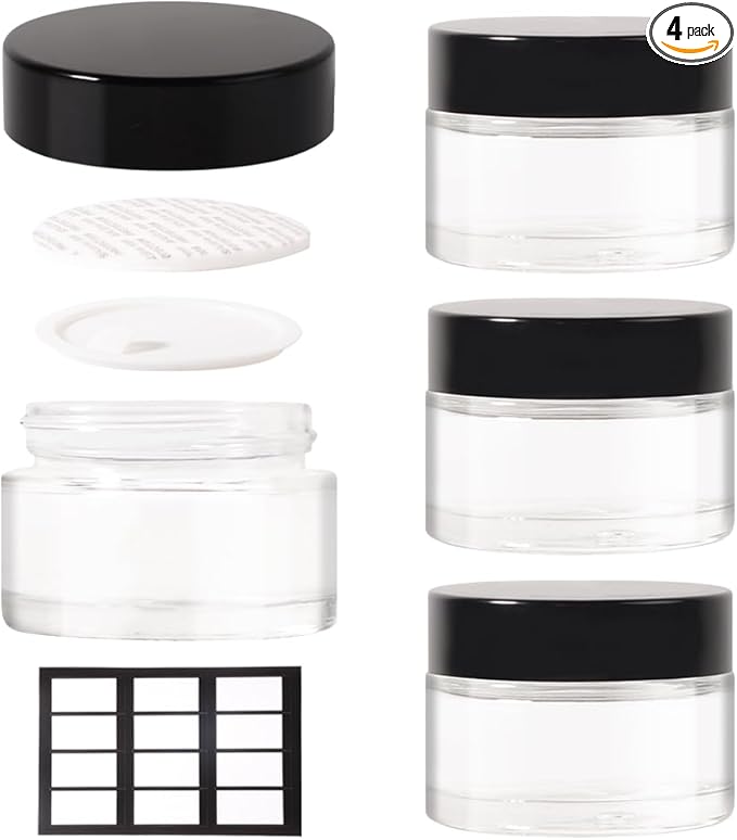 4 pack 1oz Glass Jars Round Empty Cosmetic Containers, Refillable Glass Jars with Lids for Face Creams, Lotions, Powders,Salves Ointments,Potravel Storage