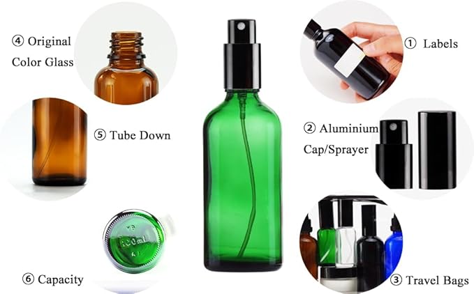 YIZHAO Green Glass Spray Bottles 4oz, with Small Fine Mist Spray, Metal Cap, Refillable for Essential Oil,Travel,Cleaning,Perfume,Aromatherapy,Makeup – 4 Pcs