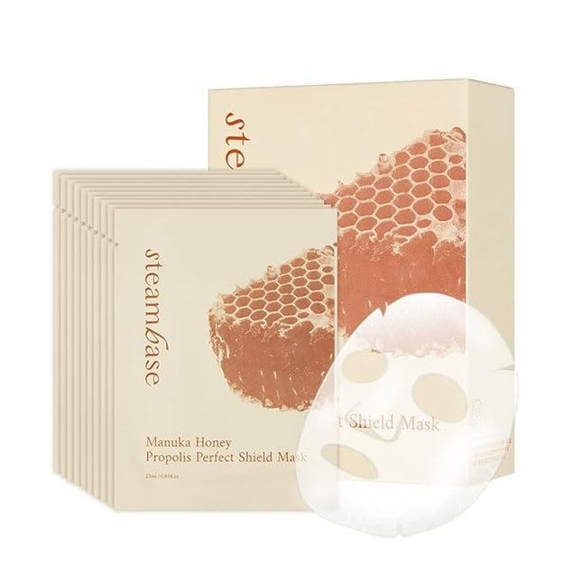 STEAMBASE Manuka Honey Propolis Perfect Shield Mask | Face Sheet Mask | Hydrating, Anti-Aging, Cooling, Elasticity, Fine Lines Repair | Facial for Dry and Sensitive Skin | Korean Skin Care | 10 Sheets