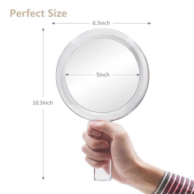 1X & 10X Magnifying Double Side Hand Makeup Mirror with Stand, Handheld Vanity Mirror, Clear