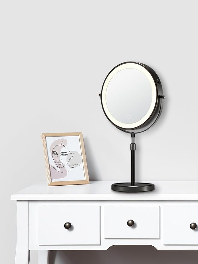 OMIRO 1X/10X Makeup Mirror with Lights,8.5 Inches Double Sided Vanity Mirror with Height-Adjustable Stand,Magnifying Mirror with 3 Color Light (Black)