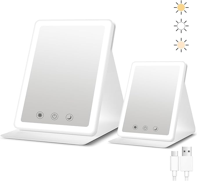 2025 Rechargeable Travel Makeup Vanity Mirror with 72 Led Lights,Portable Lighted Beauty Mirror,3 Color Lighting,Dimmable Touch Screen,Tabletop LED Folding Cosmetic Vanity Mirror Desk Table (2 Pack)