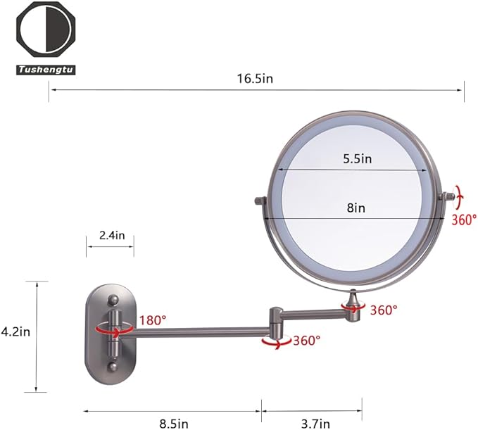Rechargeable Wall Mounted Lighted Makeup Vanity Mirror with 10X/1X Magnification for Shaving, 8Inch Brushed Nickel Magnifying Mirror Makeup Wall Mounted with Light,13 Inch Extendable (8CB-N10X)