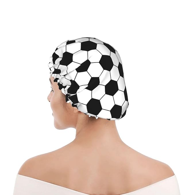 Sport Football Pattern Shower Cap For Women Reusable Waterproof Double Layers Bath Cap Hair Protection Elastic Ladies Spa Salon Shower Hat