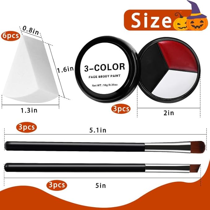 EBaokuup 3 Set Black White Red Face body Paint,3 Colors Clown Makeup Kit with Sponge and Brush,Joker Face Body Paint for Halloween Cosplay,Special Effect Makeup and Costume-Themed Party