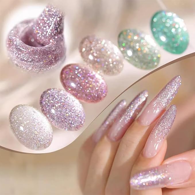 Born Pretty Reflective Glitter Gel Nail Polish, 6 Spring Light Colors Holographic Gel Polish Long Lasting Sparkly Shiny Nail Polish U V Set for Manicure and Nail Art, DIY at Home, Salon-Quality 7ml