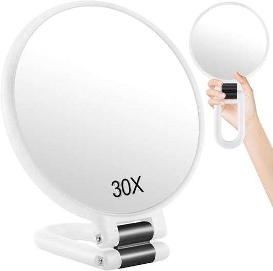 30X Magnifying Mirror, Travel Hand Mirrors with Handle, Double Sided Handheld Mirror with 30X/1X Magnification & Foldable Handle, Portable Small Makeup Mirror for Desk, White