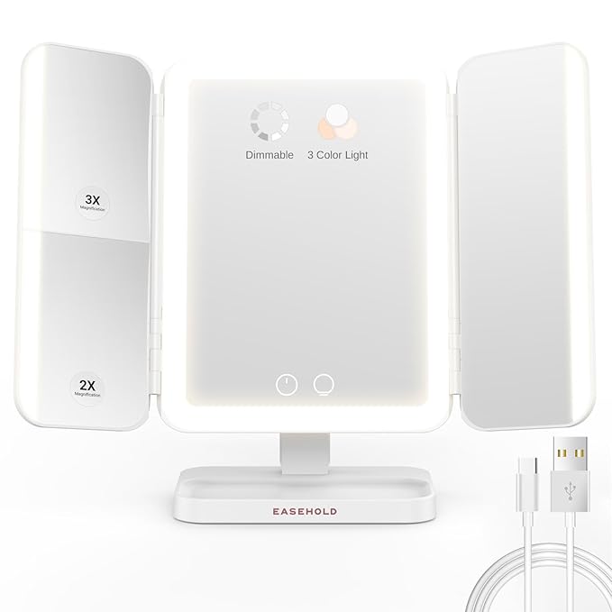 EASEHOLD Makeup Mirror with Lights, Rechargable Lighted Vanity Mirror with 116 LEDs, 1X/2X/3X Magnifying, 3-Color Mirror with LED Lights,5000 mAh Lighted Makeup Mirror, Adjustable Brightness/Angle