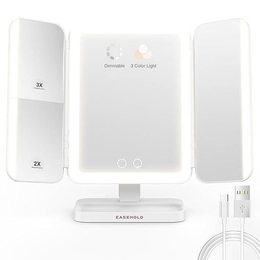 EASEHOLD Makeup Mirror with Lights, Rechargable Lighted Vanity Mirror with 116 LEDs, 1X/2X/3X Magnifying, 3-Color Mirror with LED Lights,5000 mAh Lighted Makeup Mirror, Adjustable Brightness/Angle