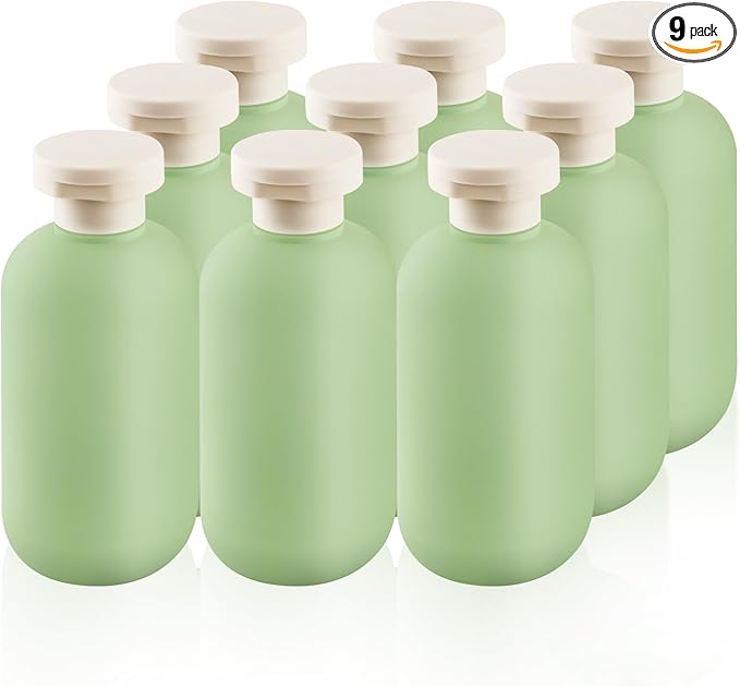 9 Pcs 6.8 oz Plastic Squeeze Bottles with Flip Cap,Empty Refillable Travel Shampoo Bottle Containers for Creams, Lotion,Body Wash, Conditioner,Silicone Funnel Included-Green
